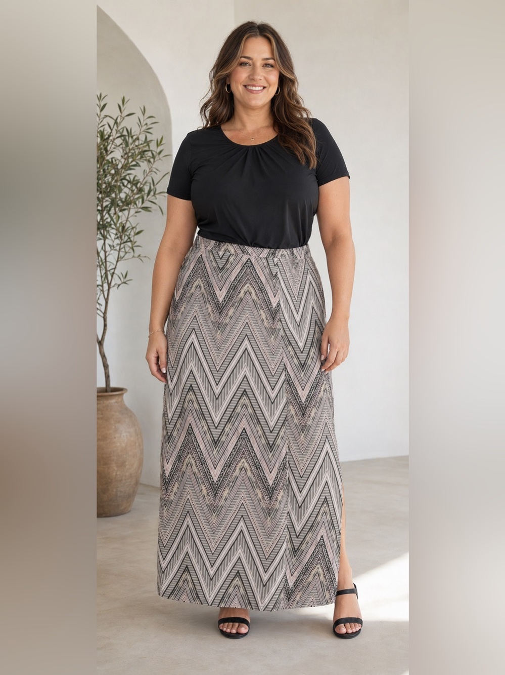 CATO WOMENS PINK GRAY BLACK CHEVRON ZIGZAG MAXI SKIRT WITH SLIT SIZE 14/16W